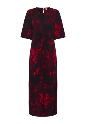 Czerwona i czarna sukienka w kwiatowy wzór, do kolan, okrągły dekolt, krótkie bufiaste rękawy, marszczenie w talii, zamek błyskawiczny z tyłu.