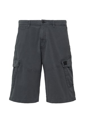 Ciemnoszare szorty cargo wykonane z mieszanki bawełny, posiadające liczne kieszenie, długość do kolan oraz prosty krój o gładkiej fakturze.