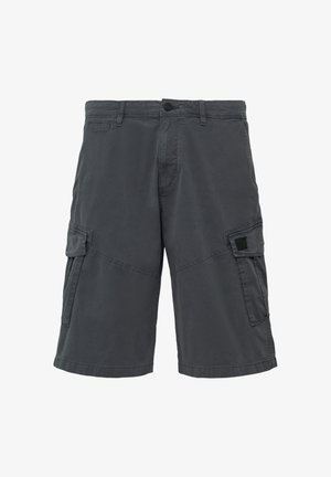 Tmavohnedé cargo šortky z bavlnenej zmesi, ktoré majú viacero vreciek, dĺžku po kolená a rovným strihom s hladkým povrchom.