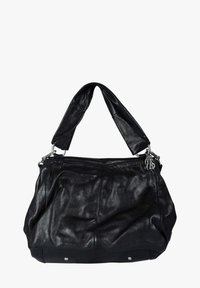 Borsa a mano in pelle nera con texture morbida, silhouette morbida, dettagli cuciti e fondo piatto con piedini in metallo per stabilità.