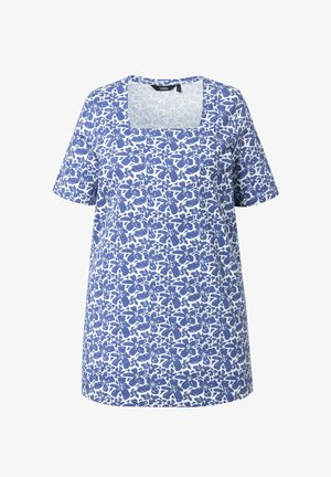 Túnica blanca de manga corta con patrón floral azul y escote cuadrado.