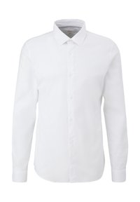 Chemise blanche à manches longues en coton. Comprend un col classique, une fermeture boutonnée sur le devant et des poignets arrondis. Texture lisse, sans motifs.