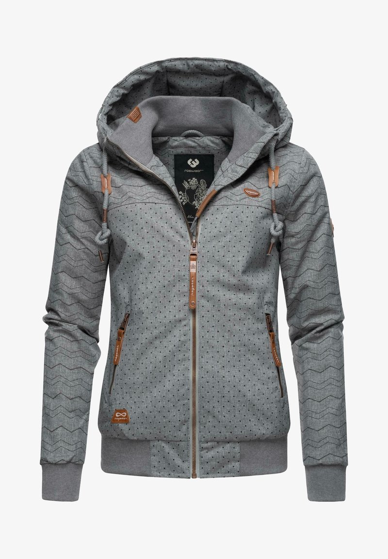 Gray zip-up hoodie with a textured chevron pattern and polka dots. Features a hood, ribbed cuffs, and tan leather accents on zippers.