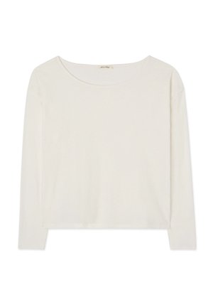 White long-sleeve top with a round neckline, lightweight cotton fabric, and a relaxed fit. Simple design without patterns or embellishments.