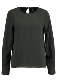 Dark green long-sleeve blouse made of smooth fabric, featuring a round neckline and a keyhole opening at the back.