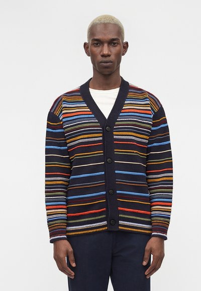 Hombre con el pelo rubio corto que lleva un cárdigan negro con rayas horizontales multicolores sobre una camisa blanca, de pie frente a un fondo liso.