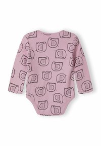 Bodysuit pour bébé à manches longues en coton rose doux, avec un motif de châteaux noirs répété et des visages, col rond et pressions à l'entrejambe.
