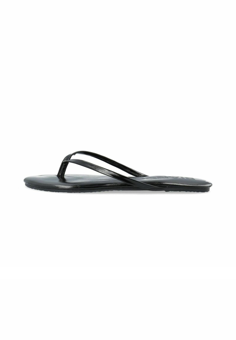 Infradito neri con due cinturini sottili, suola piatta e superficie liscia. Design leggero adatto per un uso casual.