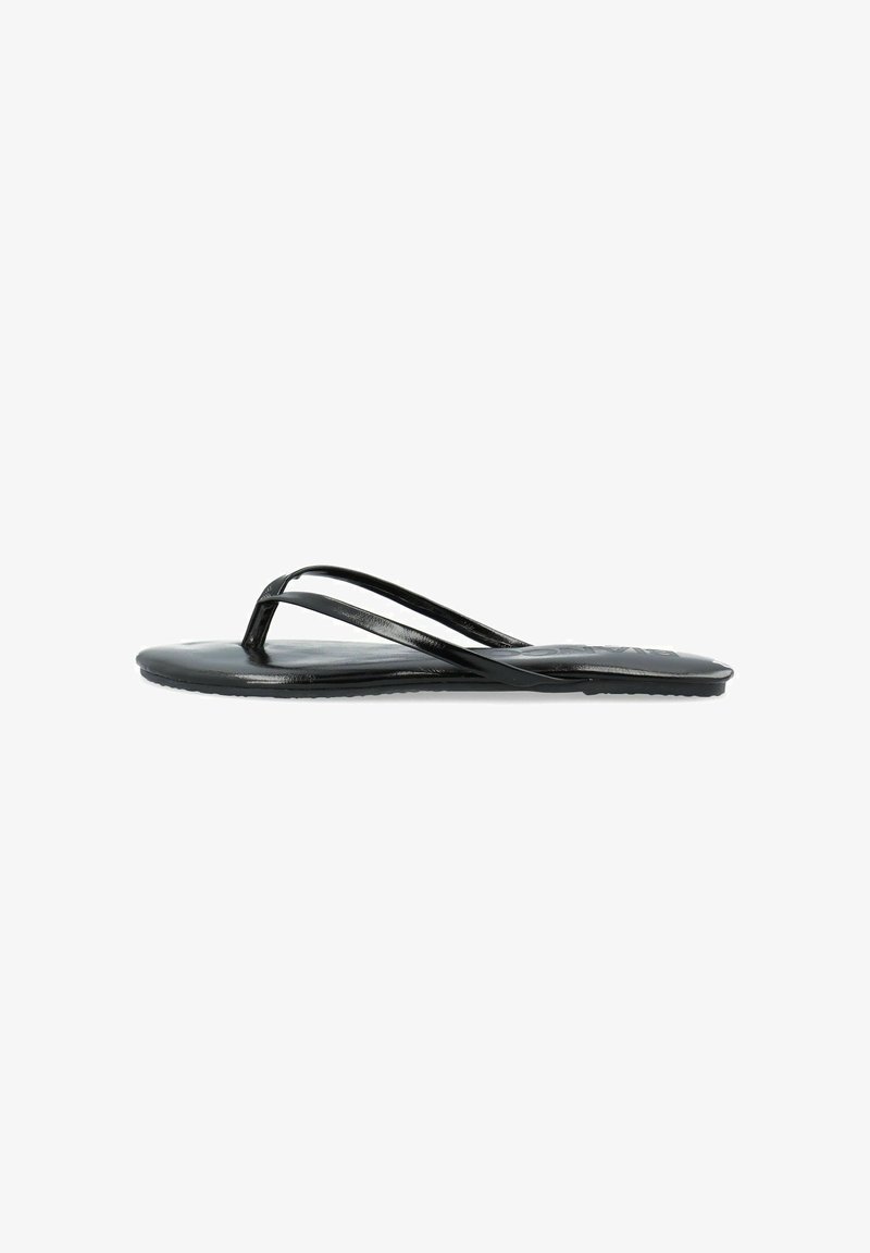 Infradito neri con due cinturini sottili, suola piatta e superficie liscia. Design leggero adatto per un uso casual.
