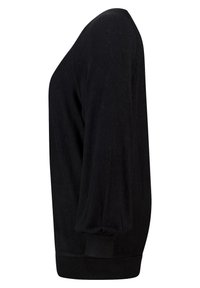 Zwart langemouwtop gemaakt van zachte stof, met een relaxte pasvorm, ronde halslijn en gathered manchetten voor extra textuur.