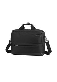 Zwarte laptoptas van gestructureerd nylon, voorzien van een bovenhandgreep, een verstelbare schouderriem, een voorvak met rits en een subtiele logo-afbeelding.