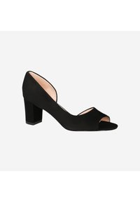 Black suede high-heeled shoe with an open toe and cut-out sides, featuring a sturdy block heel and a soft pink interior lining.