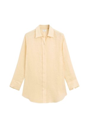 Lichtgele lange mouwen linnen shirt met een kraag, knoopsluiting aan de voorkant en een afgeronde zoom. Zachte textuur zonder zichtbare patronen of accenten.