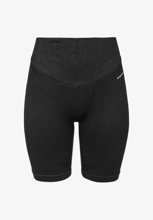 Mustad mustad lühikesed püksid, valmistatud venivast kangast, kõrgema vöökohtadega, sileda tekstuuriga ja külgedel peente mustriliste aktsentidega.