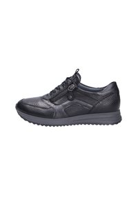 Sneaker in pelle nera con superficie texturizzata, chiusura con lacci e zip, suola imbottita e design elegante con accenti minimali.