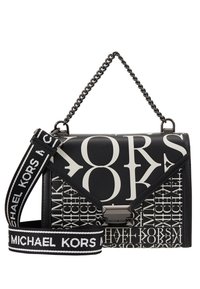 Borsa Michael Kors in bianco e nero con stampa del logo audace, manico in catena metallica e tracolla regolabile in tessuto con marchio.