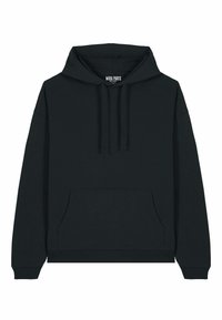 Felpa con cappuccio nera in misto cotone. Presenta una tasca a marsupio, polsini e orlo a coste. Design semplice, senza pattern o grafiche visibili.