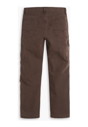 Brown cotton cargo pants with a straight fit, two back pockets, and a side pocket. Features reinforced stitching and subtle hardware accents.