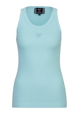 Débardeur bleu clair côtelé sans manches avec encolure ronde et logo discret "19V69 Italia" sur la poitrine.