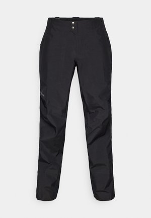 Pantalones impermeables negros con una textura suave, que presentan dos botones en la parte frontal y un diseño de pierna ajustada. Acabados con un logo en el costado.