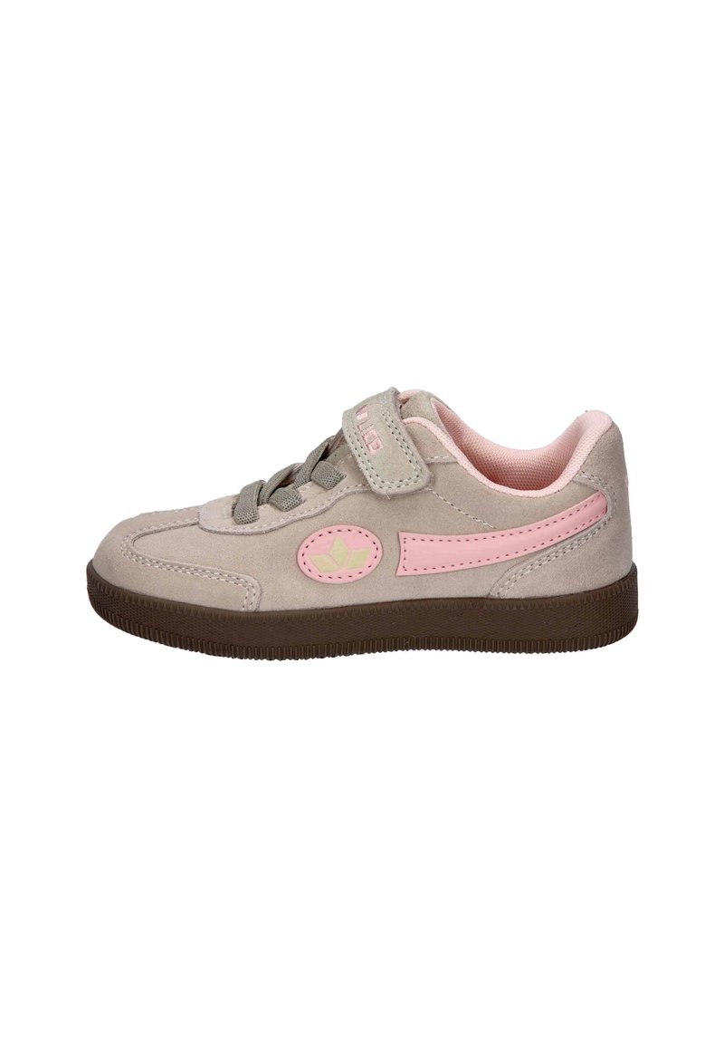 Gray suede shoe with pink accents, lace-up closure, and velcro strap. Rounded toe and textured sole for grip. Simple, sporty design.