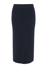 Marineblaue Bleistiftähnliche Rock aus weichem Stoff. Verfügt über eine gerade Silhouette, einen mittellangen Schnitt und einen glatten Bund.