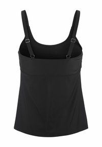 Zwart mouwloos topje met verstelbare bandjes, voorzien van een soepele textuur en een getailleerde lijfje dat zachtjes uitloopt naar de zoom.