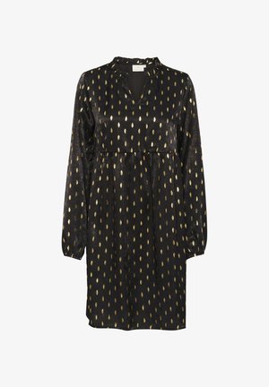 Black dress featuring a V-neckline, long sleeves, and a tiered design, adorned with golden leaf patterns against a textured fabric.