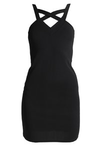 Černé bezramínkové šaty s výstřihem do V a kříženými ramínky. Vyrobeny z hladkého materiálu, mají přiléhavou siluetu pro elegantní vzhled.