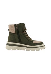 Grøn ankelstøvle med faux shearling krave og tå, teksturerede snørebånd, lynlåslukning i siden og tyk hvid ydersål med riller.