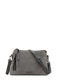 Gray suede handbag with a detachable crossbody strap, featuring a zippered compartment and subtle hardware accents.