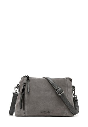 Gray suede handbag with a detachable crossbody strap, featuring a zippered compartment and subtle hardware accents.
