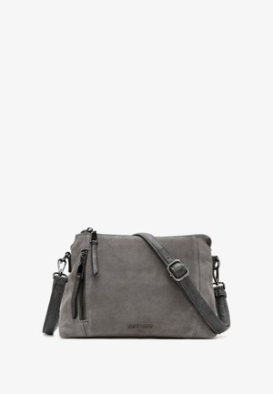 Borsa a tracolla in suede grigio con tracolla removibile, dotata di un vano con zip e sofisticati dettagli in metallo.