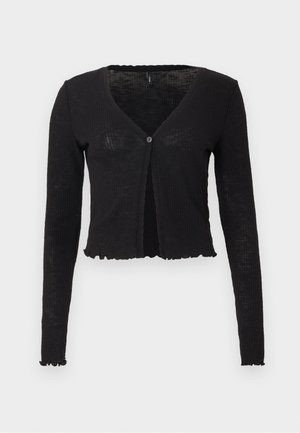 Melns ribots kardigans ar garām piedurknēm, V veida izgriezumu, priekšējām pogām un neapstrādātām malām; viegla, teksturēta auduma.