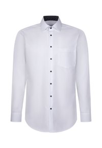 Weißes Langarmhemd mit Knopfleiste, schwarzen Knöpfen, einer einzelnen Brusttasche und einem gemusterten Kragenfutter. Glatte Stofftextur.