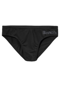 Bas de bikini noir en tissu lisse et extensible. Doté d'un logo sur le côté en gris foncé contrastant. Design de maillot de bain classique avec une couverture standard.