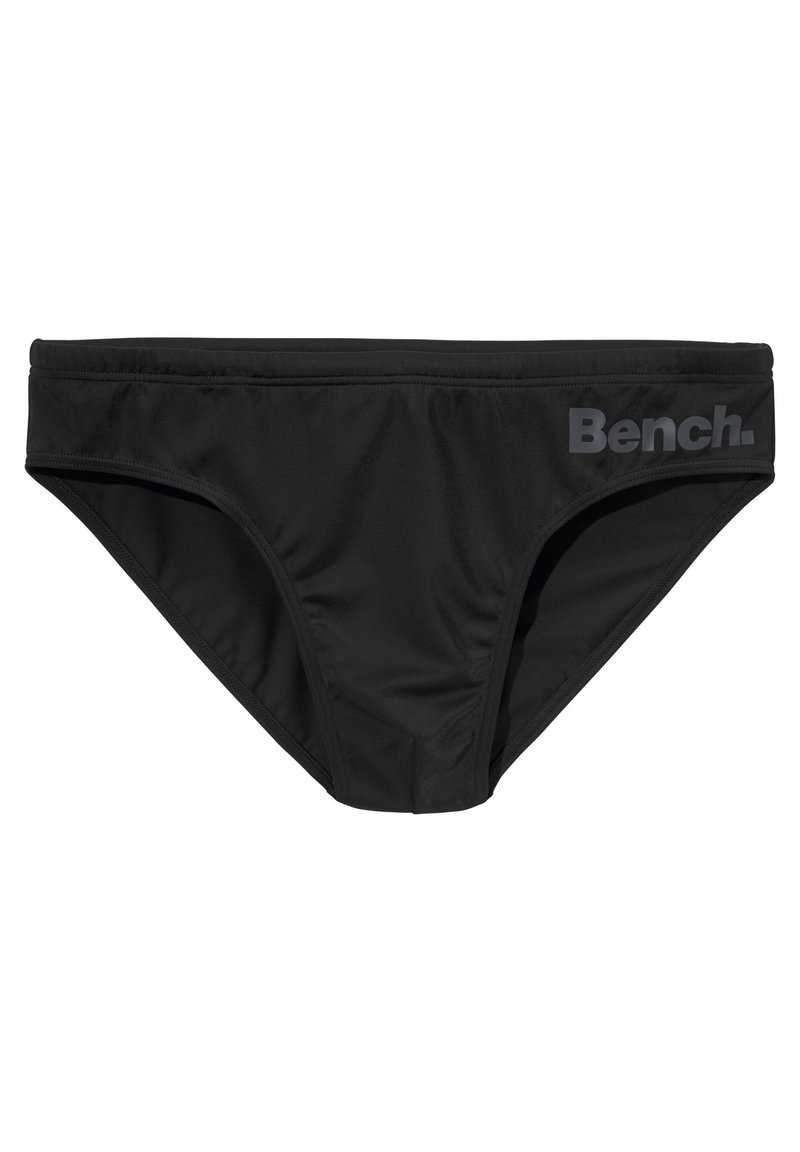 Bas de bikini noir en tissu lisse et extensible. Doté d'un logo sur le côté en gris foncé contrastant. Design de maillot de bain classique avec une couverture standard.