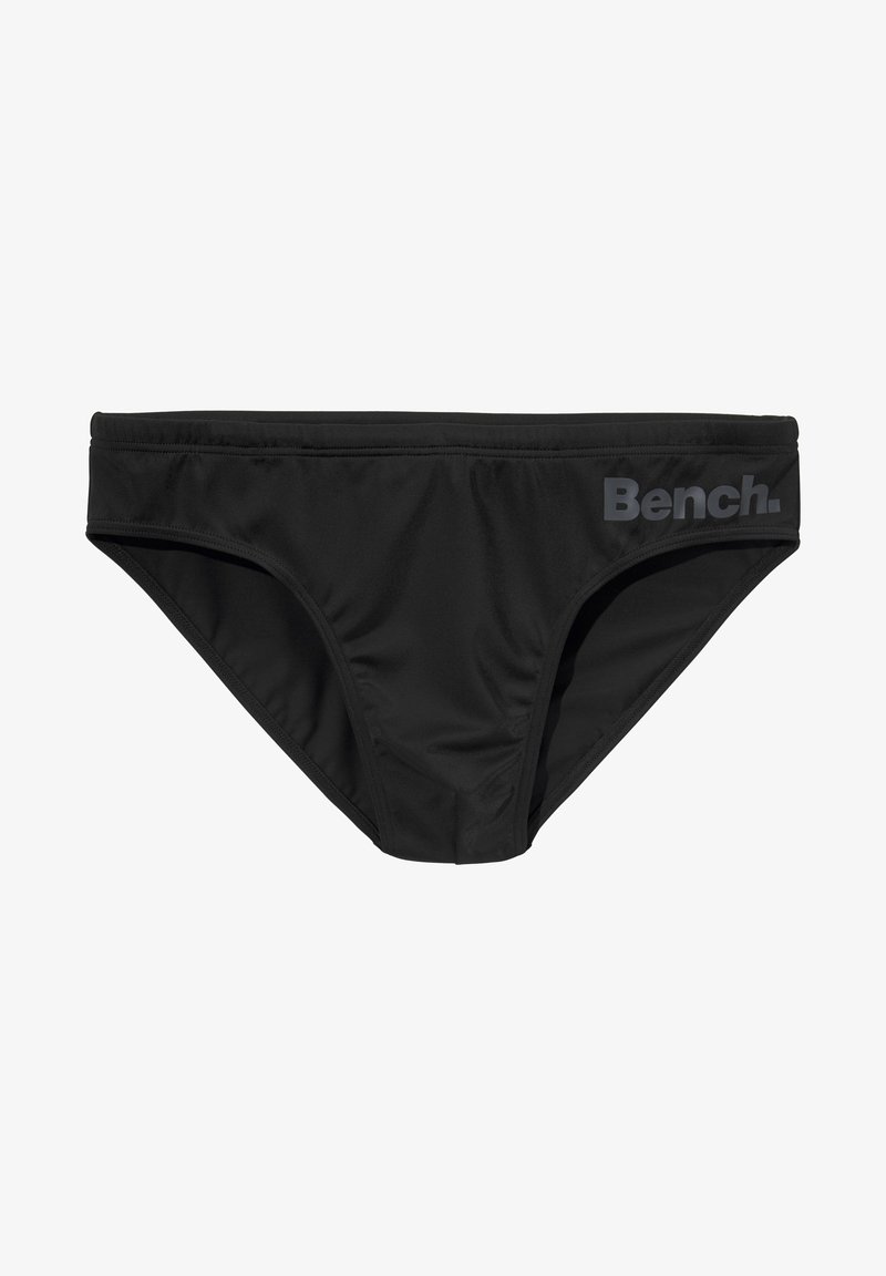 Bas de bikini noir en tissu lisse et extensible. Doté d'un logo sur le côté en gris foncé contrastant. Design de maillot de bain classique avec une couverture standard.