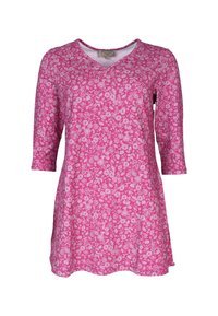 Pink floral tunic with a V-neck and three-quarter sleeves. Made from soft fabric, featuring a white floral pattern on a pink background.