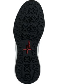 Suola di scarpe in gomma nera con superficie texturizzata caratterizzata da motivi incrociati, fori di ventilazione e un accento rosso "GRIP", contrassegnata con "GEOX".