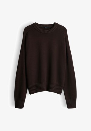 Dunkelbrauner, gestrickter Pullover mit Rundhalsausschnitt, gerippten Bündchen und Saum. Verfügt über eine lockere Passform und ein durchgehend strukturiertes Muster.