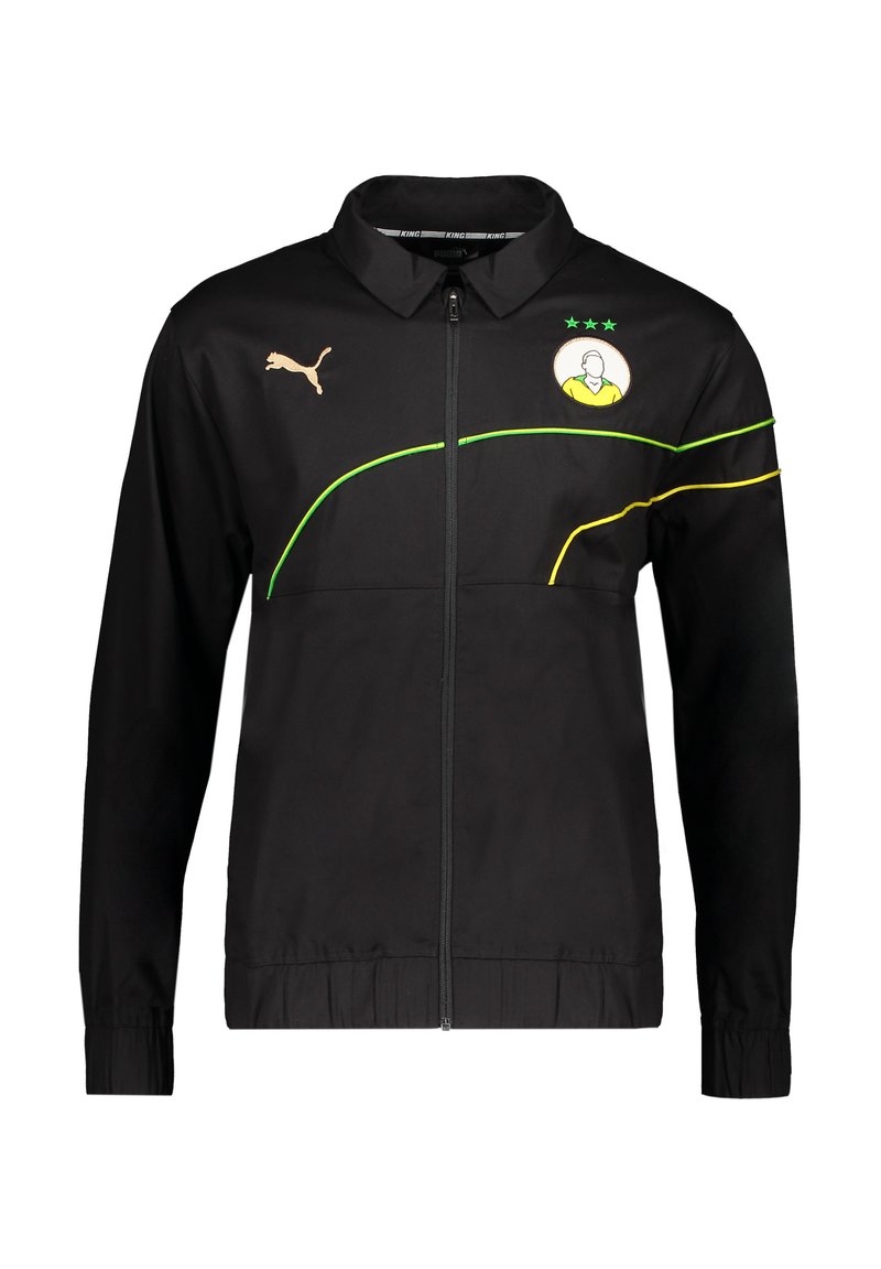 Schwarze Zip-Jacke mit Kragen, die ein gelb-grünes Design aufweist, Puma-Logo in Gold und ein grafisches Emblem auf der Brust.