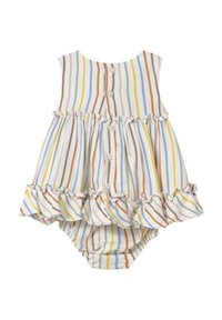 Mono de bebé a rayas de tejido suave. Presenta colores pastel: amarillo, azul y marrón. Terminación con volantes, cierre de botones en la parte posterior y parte inferior forrada.