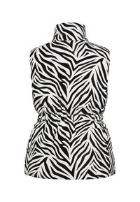 Zwart-wit gestreepte zebra-patroon vest met hoge kraag, elastische taille en gewatteerde textuur, met een getailleerd achterontwerp.