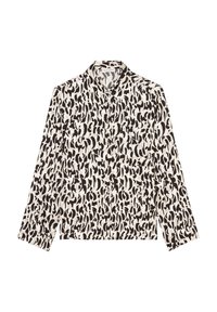 Kurzarmbluse aus leichtem Stoff mit einem schwarz-weißen abstrakten Animal-Print, kragenlos und mit Knopfverschluss vorne.