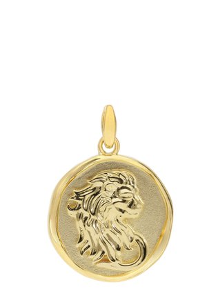 Gold pendant with raised lion head profile in relief on a round textured medallion background.