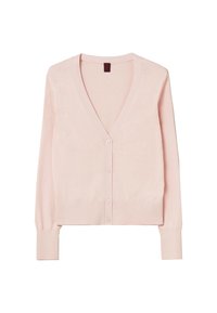 Jasnoróżowy kardigan z dekoltem w serek, długimi rękawami i dopasowanym dołem. Posiada zapięcie na guziki z przodu oraz prążkowane mankiety.