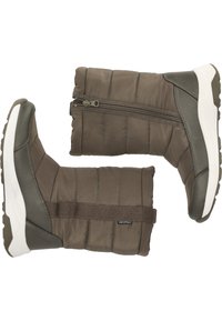 Vattentäta bruna vinterstövlar med quiltat mönster, sidodragkedjor, texturerade grå detaljer och vita gummisulor.