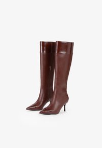 Stivali alti in pelle marrone con punta affusolata e tacchi a stiletto; texture liscia con una leggera lucentezza e dettaglio con zip laterale.
