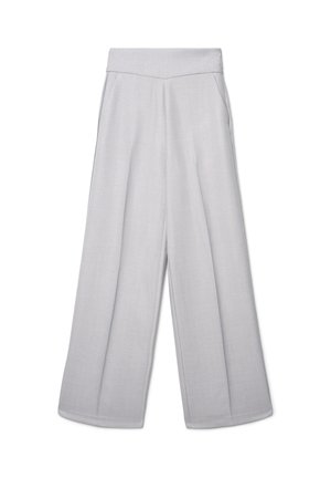 Light gray wide-leg trousers made of a textured fabric with a smooth waistband and side pockets, featuring front pleats for added volume.